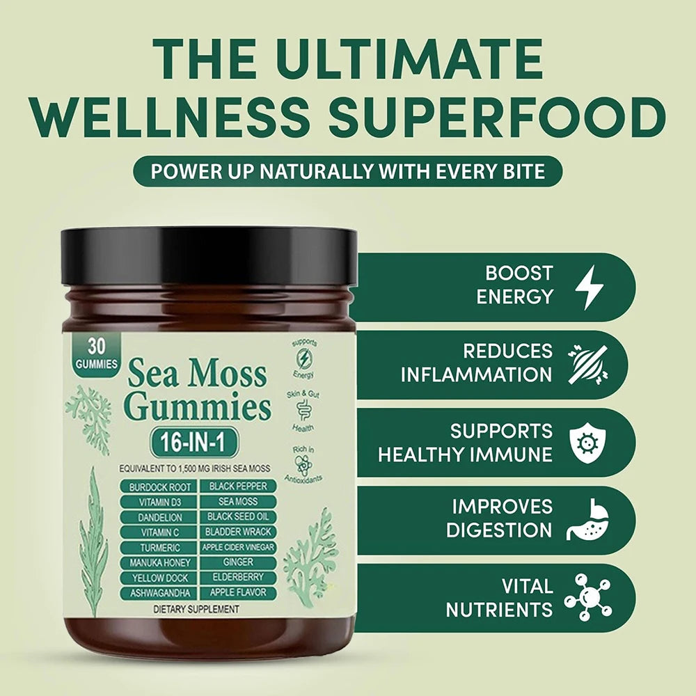 Wildcrafted Sea Moss Gummies - 1750mg Irish Sea Moss, Bladderwrack & Burdock Root | 92+ Minerals for Thyroid, Energy & Immunity Support